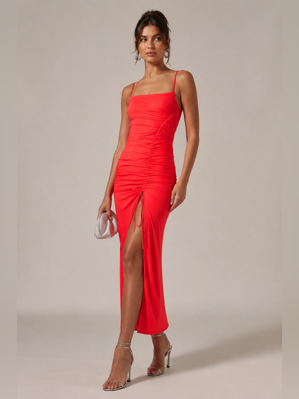 Good American Satin Ruched Slip Maxi Dress